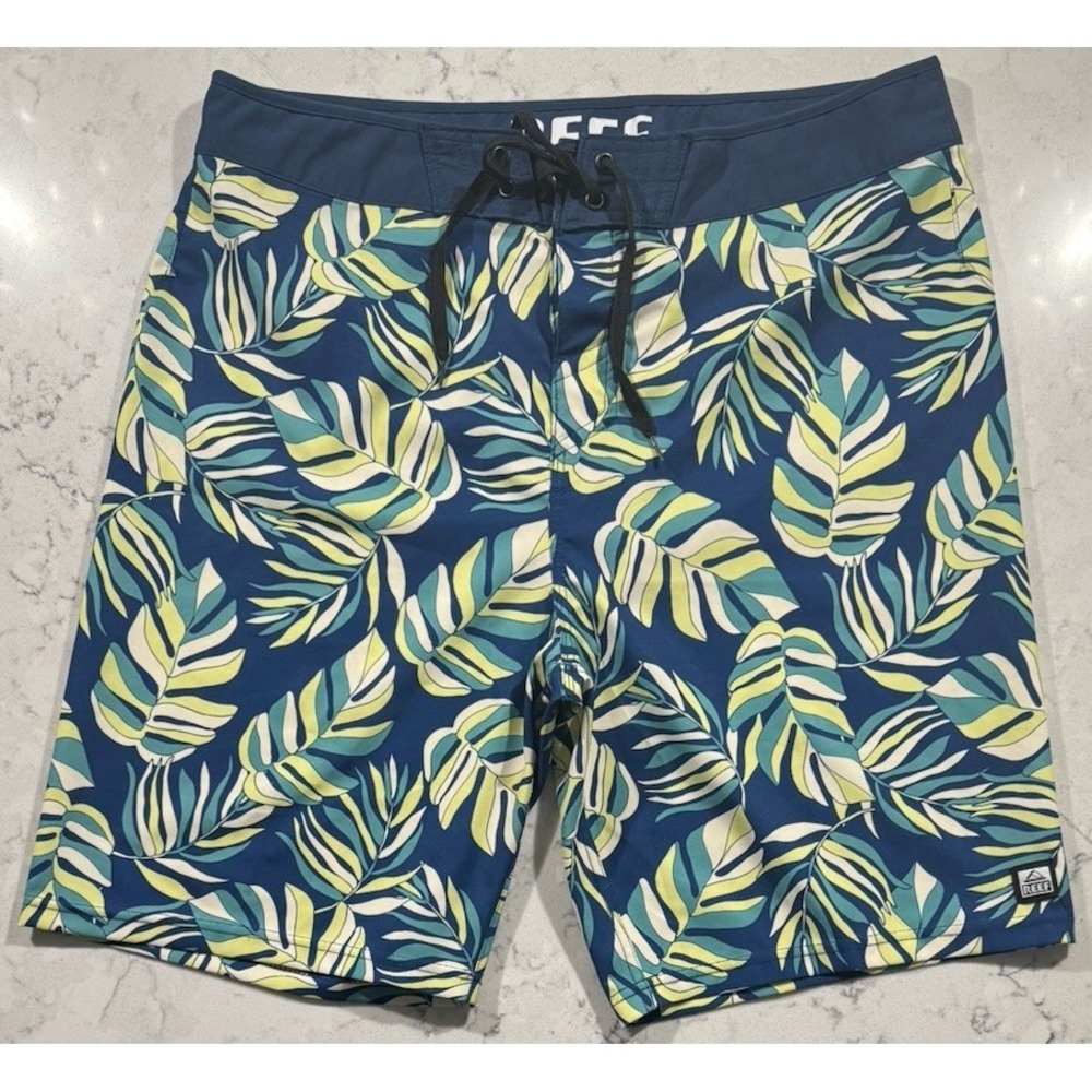 Reef Alonso Board Shorts Mens 34 Blue Green Tropical Leaf Print Surf Swim Trunks